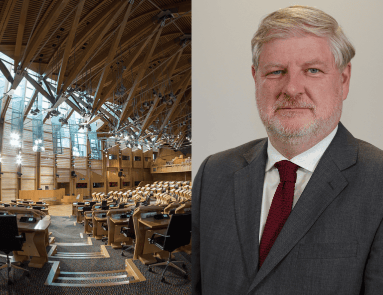 Image shows the Scottish Parliament and Cabinet Minister Angus Robertson