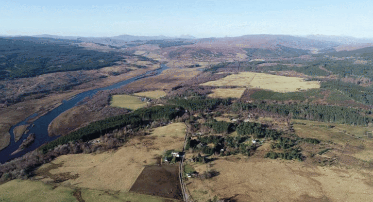 View 745ft (225m) above Achintoul in Altass, with the proposed sites for several wind farm developments, from left to right: Inveroykel, Strathoykel, Collie Beith, Allt an Tuir and Invercassley. Of the 88 turbines projected in these sites, some have a height of about 225m. Photo © Gregor Laing