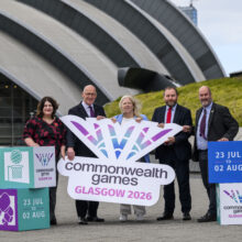 Glasgow 2026 Commonwealth Games launch with Commonwealth Games Scotland Chief Executive Jon Doig, First Minister John Swinney, Commonwealth Games Federation CEO Katie Sadleir NZOM, Sec of State Ian Murray and Glasgow City Council Leader Susan Aitken - with Athletes Crystelle Lake and Cameron Lynn (gymnastics) and Emily Nicholl and Niamh McCall © Craig Watson