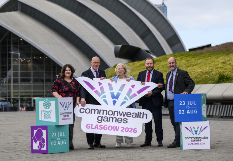 Glasgow 2026 Commonwealth Games launch with Commonwealth Games Scotland Chief Executive Jon Doig, First Minister John Swinney, Commonwealth Games Federation CEO Katie Sadleir NZOM, Sec of State Ian Murray and Glasgow City Council Leader Susan Aitken - with Athletes Crystelle Lake and Cameron Lynn (gymnastics) and Emily Nicholl and Niamh McCall © Craig Watson
