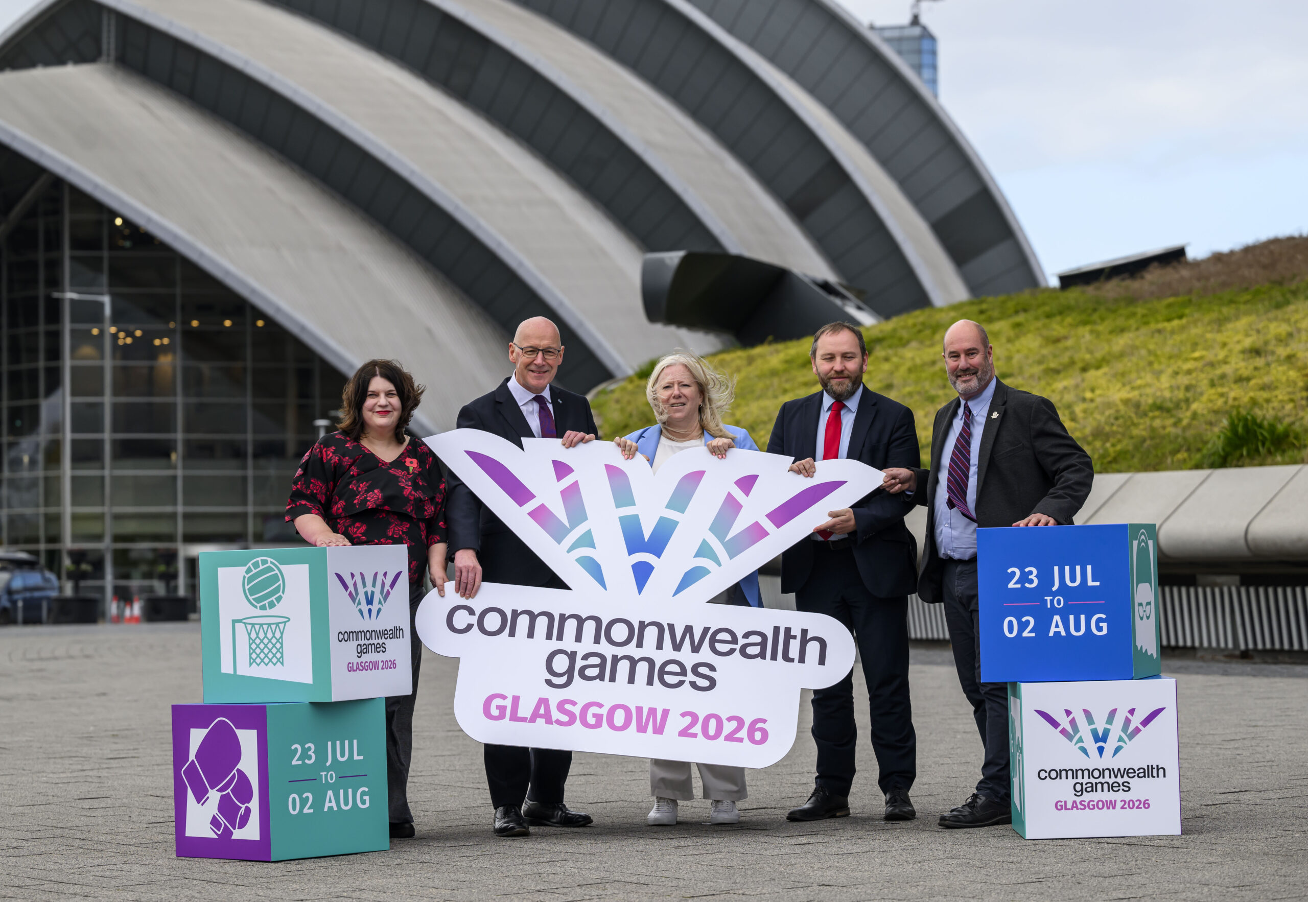 Glasgow 2026 Commonwealth Games launch with Commonwealth Games Scotland Chief Executive Jon Doig, First Minister John Swinney, Commonwealth Games Federation CEO Katie Sadleir NZOM, Sec of State Ian Murray and Glasgow City Council Leader Susan Aitken - with Athletes Crystelle Lake and Cameron Lynn (gymnastics) and Emily Nicholl and Niamh McCall © Craig Watson