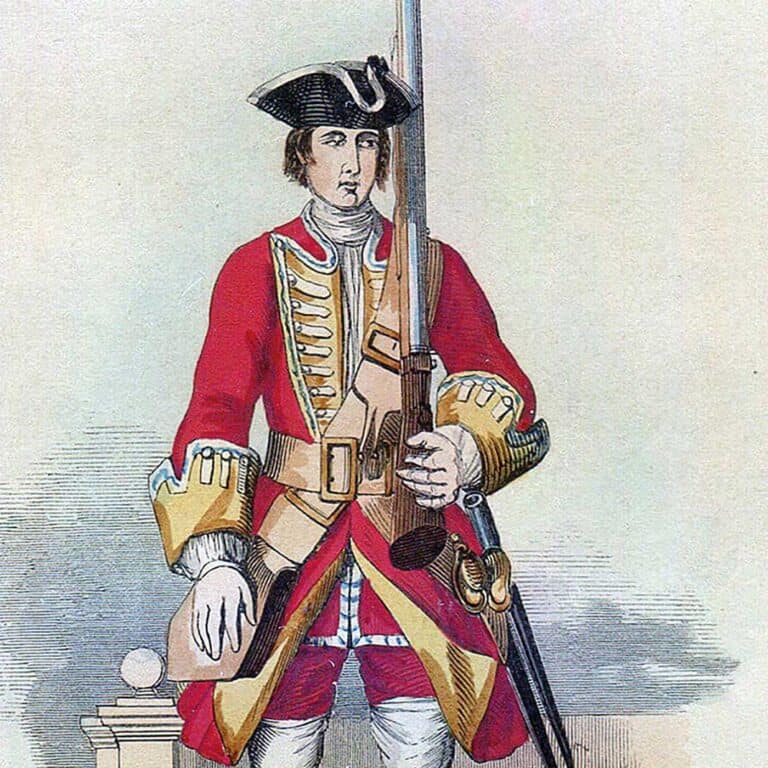 Private soldier of Cholmondeley’s 34th Regiment of Foot from the British Army, standard military attire during the Jacobite Uprisings.