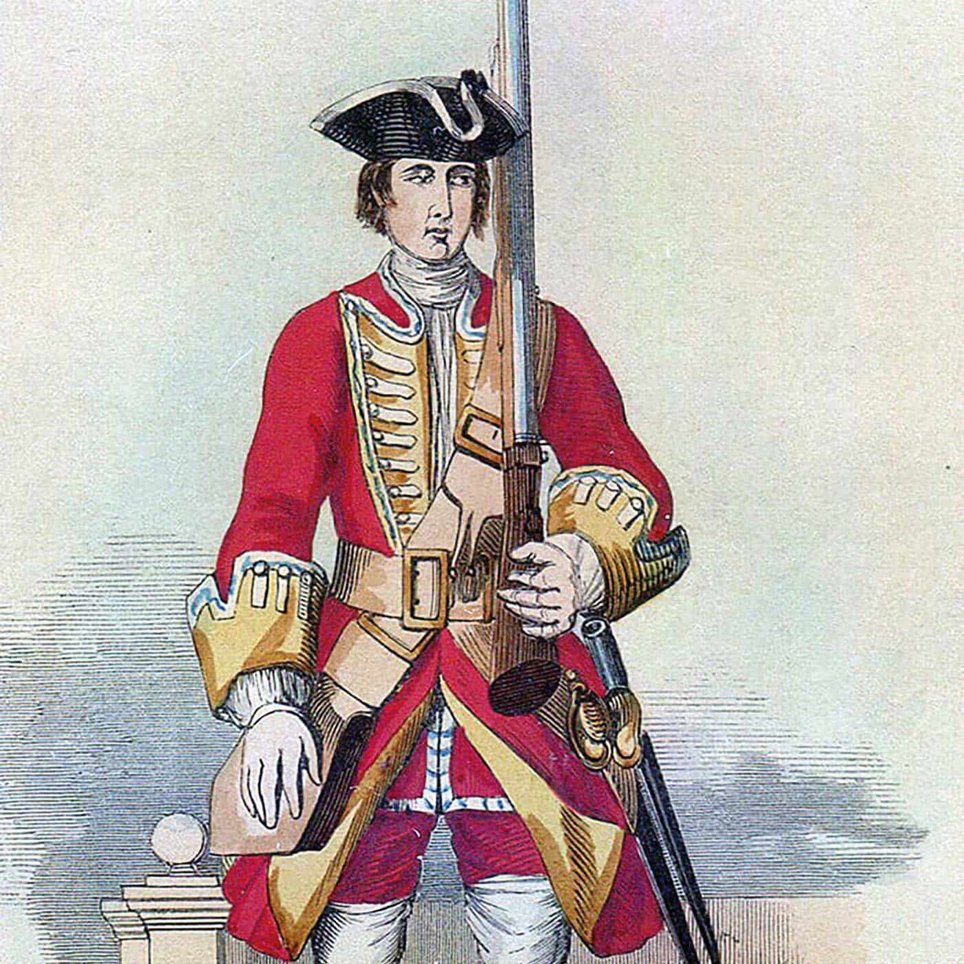 Private soldier of Cholmondeley’s 34th Regiment of Foot from the British Army, standard military attire during the Jacobite Uprisings.